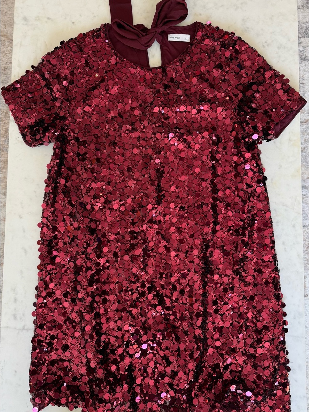 Nine West Wine Red Sequin Tie-Back Shift Mini Dress